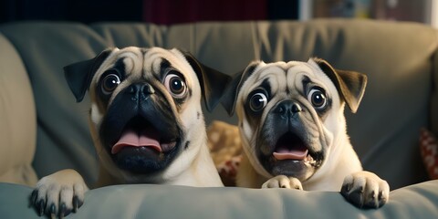 Pug puppy causes chaos as couple reacts in surprise and frustration on couch. Concept Pug puppy, chaos, couple, surprise, frustration, couch