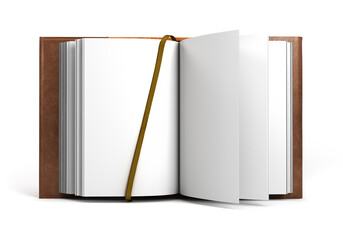 Open book in a leather cover A blank white book front view 3d render on white