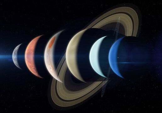 A planetary alignment, or a "planet parade" see six planets – Jupiter, Mercury, Uranus, Mars, Neptune and Saturn. Solar System planets. Elements of this image furnished by NASA.