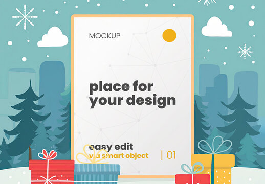 Christmash Illustration Presents Snow Poster Frame Mockup Generative Ai