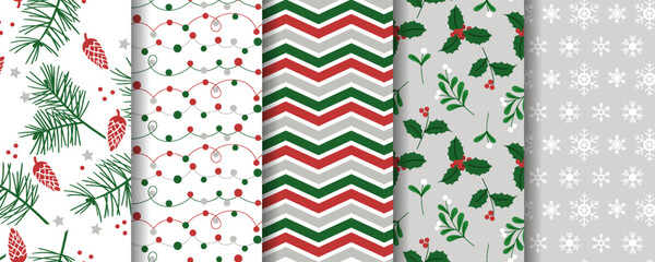 Christmas seamless patterns set.Pine branches and cones, snowflakes, zigzag and plant pattern with holly leaves and mistletoe.Holiday wallpaper and wrapping paper design. vector illustration.