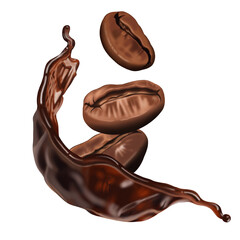 Roasted coffee beans in splashes of delicious coffee, 