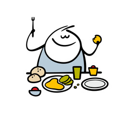 Fat restaurant customer is sitting at a table, holding a fork. Vector illustration of lunch and lots of food. Isolated cartoon funny character hand drawn on white background.