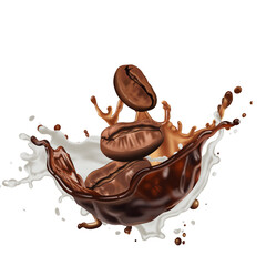 Roasted coffee beans in splashes of delicious coffee.