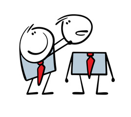 Businessman in a business suit takes off or puts his head on the shoulders of a colleague or subordinate. The vector illustration of the stickman does not think. Isolated  cartoon on white background.
