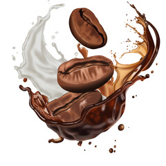 Roasted coffee beans in splashes of delicious coffee.