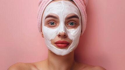 Fototapeta premium Woman with white cosmetic mask, pink towel on her head, red lipstick and blue eyes on a pink background.