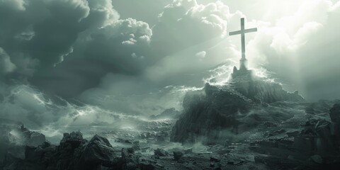 Fototapeta premium Cross Atop Mountain Peak