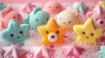 Playful and colorful collection of children's bath bombs shaped like cute animals and stars, floating in water with bubbles. Concept of fun, kids hygiene, bath time, and cheerful bath products.