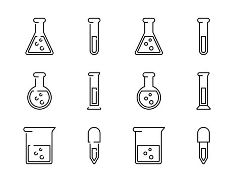 Science laboratory equipment icon set. Basic flat design chemical lab. Beaker, test tube, volumetric flask, measuring cylinder, dropper sign symbol.