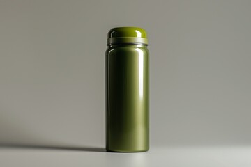 Minimalist image of a green stainless steel insulated water bottle against a smooth gray background, featuring sleek design and eco-friendly reusable material, perfect for a modern lifestyle concept