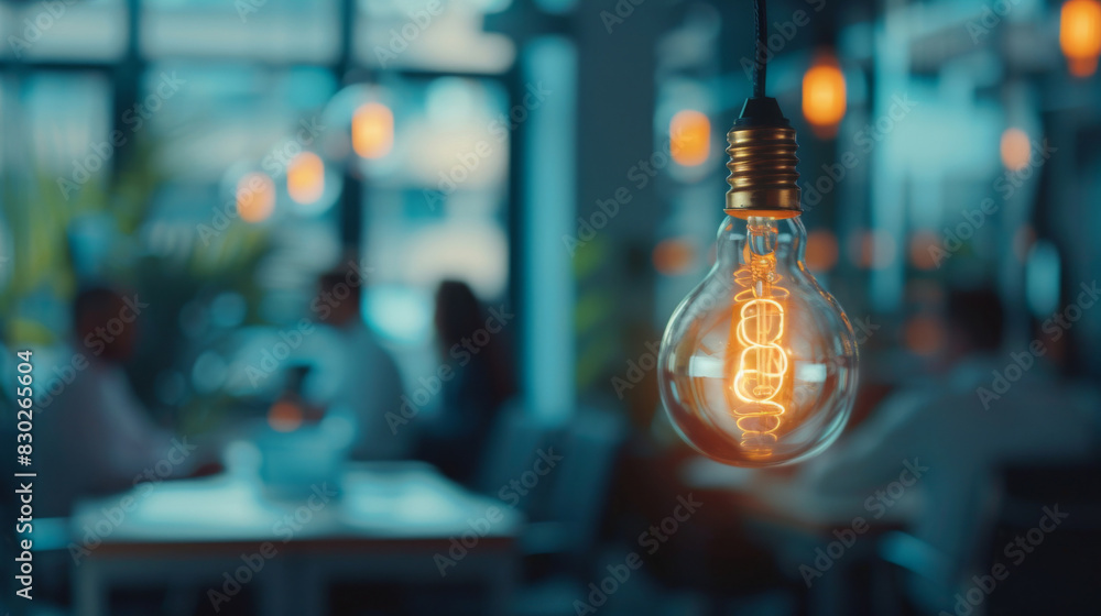 Poster close-up of a glowing vintage light bulb with blurred diners in background