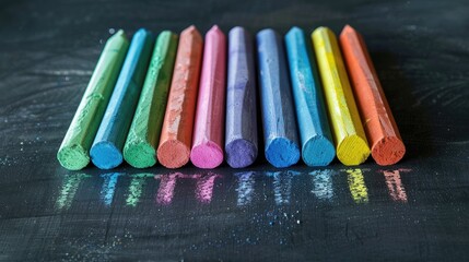 Colorful chalk set displayed on blackboard for writing Background for school with room for your text - Powered by Adobe