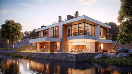 modernist house by the river, Modern exterior design of advanced luxury home, 3D Rendering,