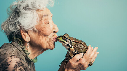 Studio portrait of senior woman kissing a frog