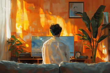 Fototapeta premium A young man in a white T-shirt sits in front of a tv screen, orange light shines through the curtains on him and the room. Plants are nearby in the style of anime with lo-fi vibes