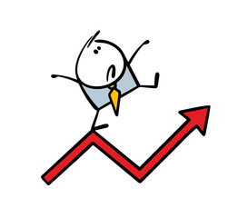 Scared stickman businessman follows a curved arrow to the goal and success. Vector graph of the company  profit in business. Funny person is balancing, afraid to fall. Isolated on white background.