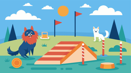 Obraz premium A designated area is set up for a dog agility course allowing potential adopters to see the fun and playful side of their potential furry companion.. Vector illustration