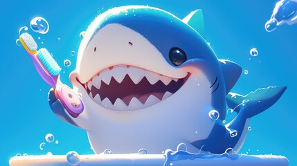 Picture an adorable cartoon shark holding a toothbrush