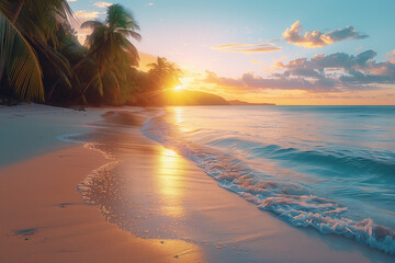 Sunset on the beach with palm trees and gentle waves. Coastal landscape photography. Summer...
