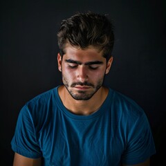 Obraz premium Close up shot of a man in navy blue t-shirt with sad face on dark background. Mental health concept