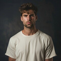 Obraz premium Close up shot of a man in white t-shirt with sad face on dark background. Mental health concept