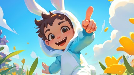 A 2d cartoon character illustration shows a young boy dressed up as the Easter bunny cheerfully pointing directly at the viewer