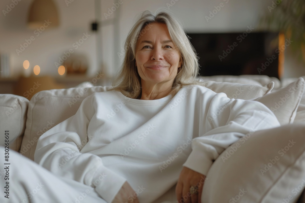 Wall mural Mockup. Smiling mature woman wearing white blank sweatshirt. Elderly woman sitting on couch in living room at home