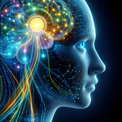 Futuristic Humanoid: Neon Neural Network and Enigmatic Gaze