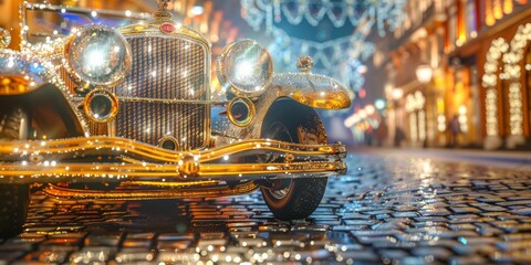 A vintage car adorned with sparkling lights on a festive cobblestone street, with illuminated buildings and hanging lights creating a celebratory atmosphere