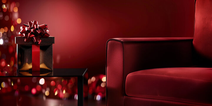 A beautifully wrapped gift with a red ribbon and bow sits on a sleek black table next to a plush red armchair. The background is filled with soft, festive bokeh lights, creating a warm and inviting ho
