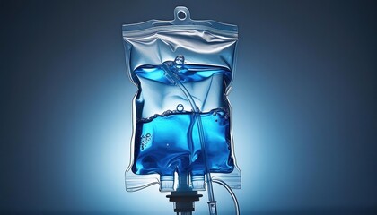 IV bag with blue fluid isolated photorealistic