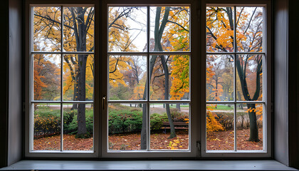 Window in room view on autumn park with fall leaves on the tree