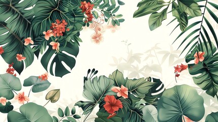 vibrant green leaves and red flowers. the leaves are of different shapes and sizes, and the flowers are clustered together in small groups.