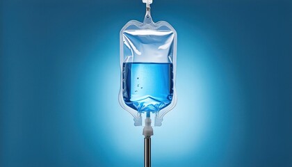 IV bag with blue fluid isolated photorealistic
