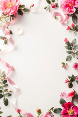 Fototapeta premium rose petals border. rose flowers blank card, holiday border frame 