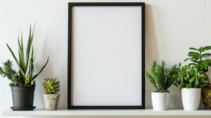 Mock up black frame with a group houseplants on a shelf. White shelf against a white wall. Copy space.