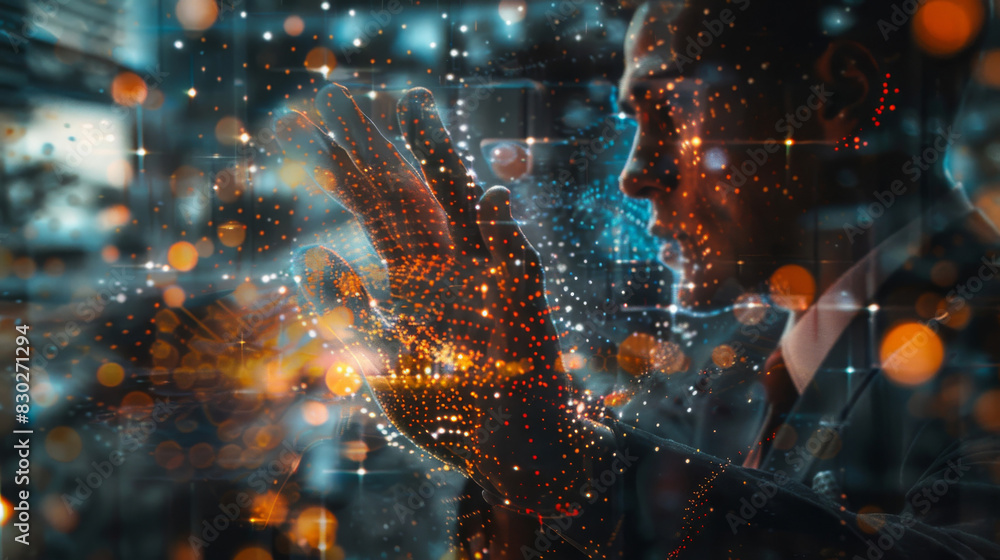 Aufkleber expert engages with holographic digital network, representing cutting-edge technology