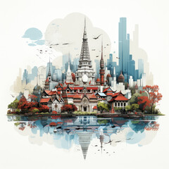 a picture of a castle with birds flying around it