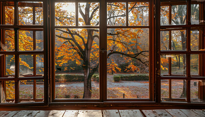 Window in room view on autumn park with fall leaves on the tree