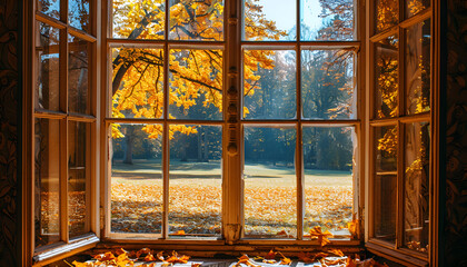 Window in room view on autumn park with fall leaves on the tree