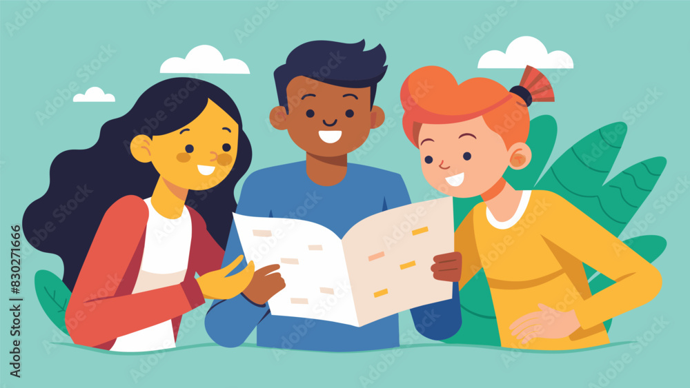 Poster friends giggle as they try to solve a riddle on a scavenger hunt sheet guiding them through differen