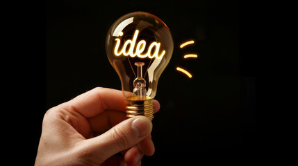 Hand holding a light bulb with idea glowing against a dark background