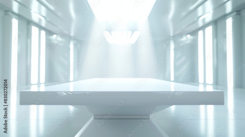 Poster sleek futuristic design with a bright, modern space and minimalist platform