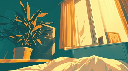 A cozy spot for unwinding and catching some Z s in an empty bedroom setting featuring a bed dark room with a curtained window and a potted plant Whether in a hotel or a home apartment this 