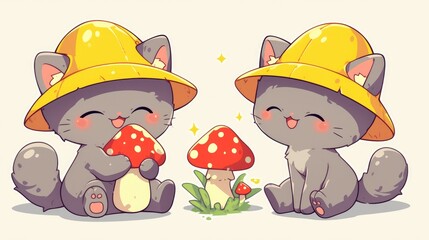 Meet a charming cartoon character a gray kitten with a sweet smile sporting a trendy bucket hat and stylish boots playfully presenting a mushroom This cute flat style 2d illustration is perf