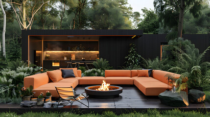 A Modern House in the Woods with an Outdoor Seating Space, with a Campfire in the Middle
