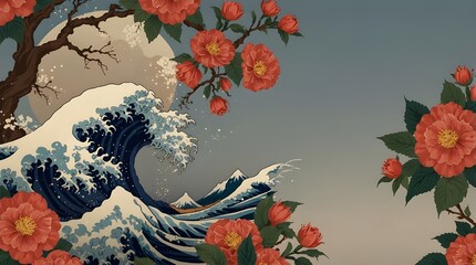 Japanese wave design framed by a camellia bloom. Japanese wave pattern in the background.