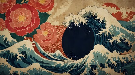 Japanese wave design framed by a camellia bloom. Japanese wave pattern in the background.