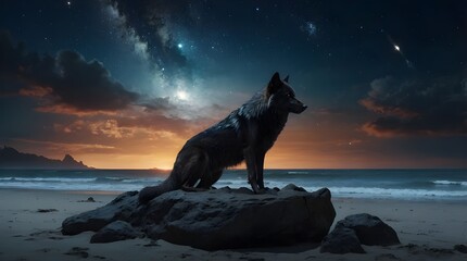 A lone wolf standing on a moonlit beach at night, gazing at the ocean under the starry sky. generative ai